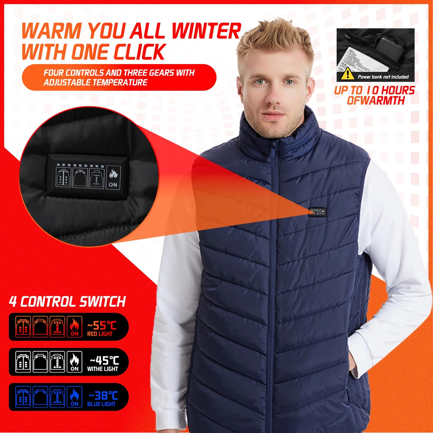 TODWARM Heated Vest 26 Areas Men Jacket Heated Winter Womens Heater Jacket Thermal Vest Body Warmer Outdoor sports Coat 6XL