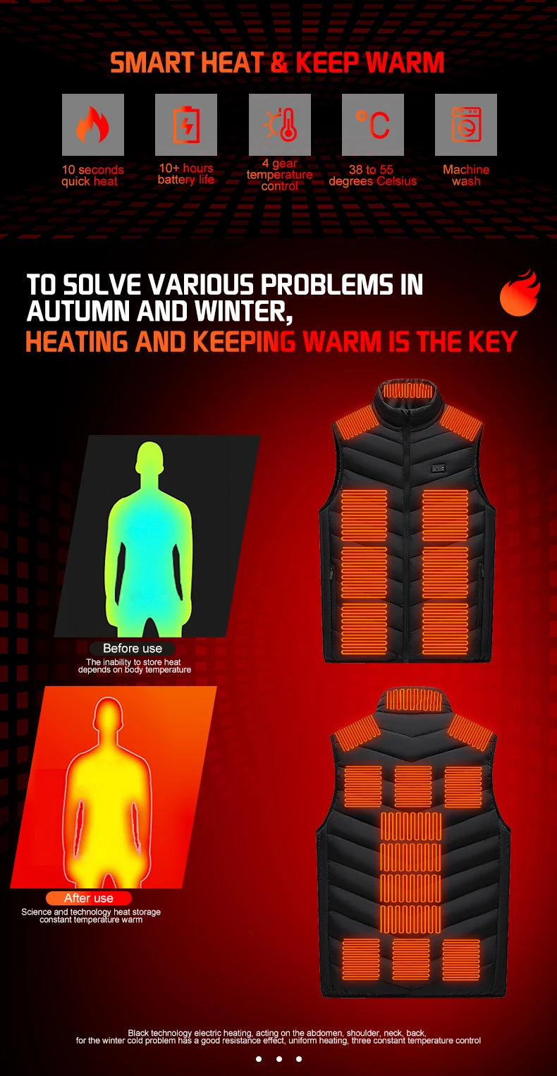 TODWARM Heated Vest 26 Areas Men Jacket Heated Winter Womens Heater Jacket Thermal Vest Body Warmer Outdoor sports Coat 6XL