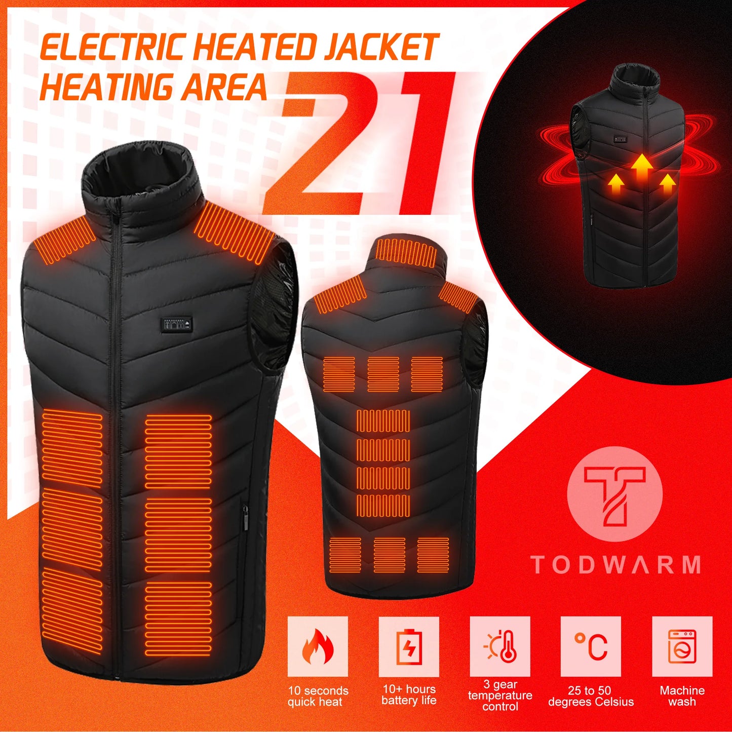 TODWARM Heated Vest 26 Areas Men Jacket Heated Winter Womens Heater Jacket Thermal Vest Body Warmer Outdoor sports Coat 6XL