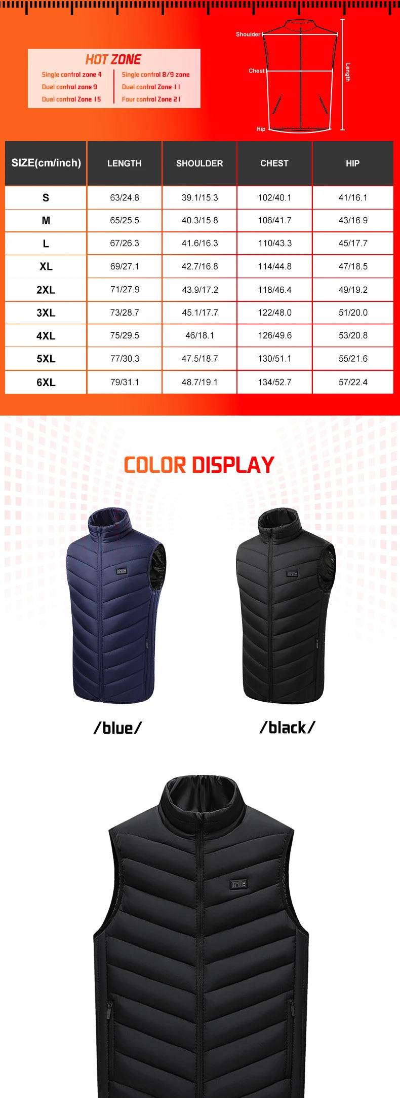 TODWARM Heated Vest 26 Areas Men Jacket Heated Winter Womens Heater Jacket Thermal Vest Body Warmer Outdoor sports Coat 6XL